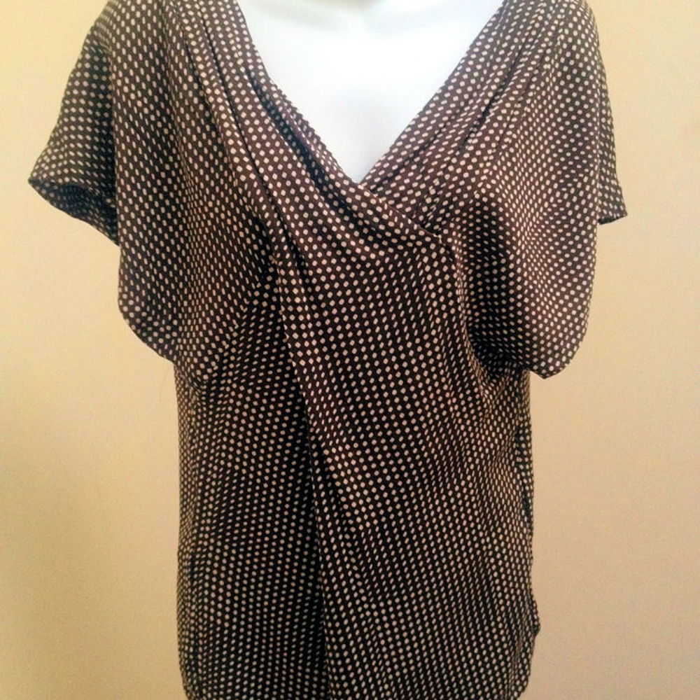 Calvin Klein XS Brown Polka Dot Pleated Silk Top